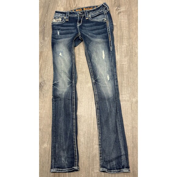 Rock Revival Jeans 25 Distressed Rip Y2K Crystal Flap Pocket Straight Streetwear - Picture 9 of 10